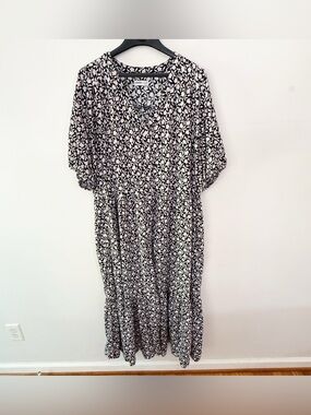 Sonoma Women Linen Blend Ditsy Floral Tiered Maxi Dress 1X Dark Cottage Prairie